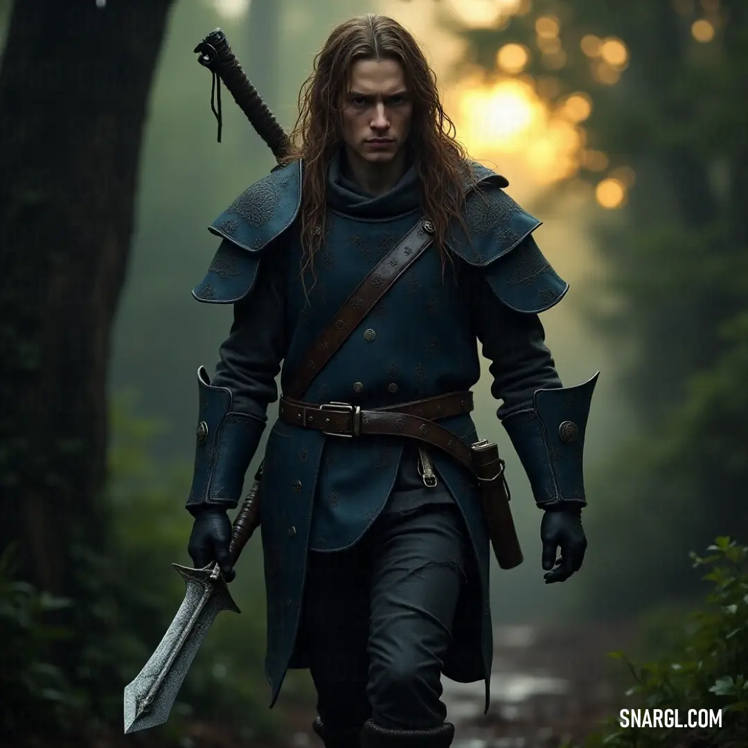 A determined figure dressed in a striking blue ensemble, brandishing a gleaming sword, navigates through a sun-dappled forest, where the whispers of the trees seem to guide their path.