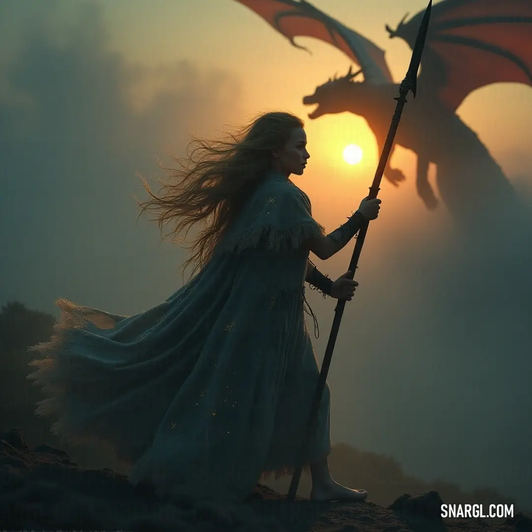 Draped in a flowing white dress, a determined figure stands confidently, spear in hand, with a majestic dragon statue looming in the background, blending elements of fantasy and elegance in a magical landscape.