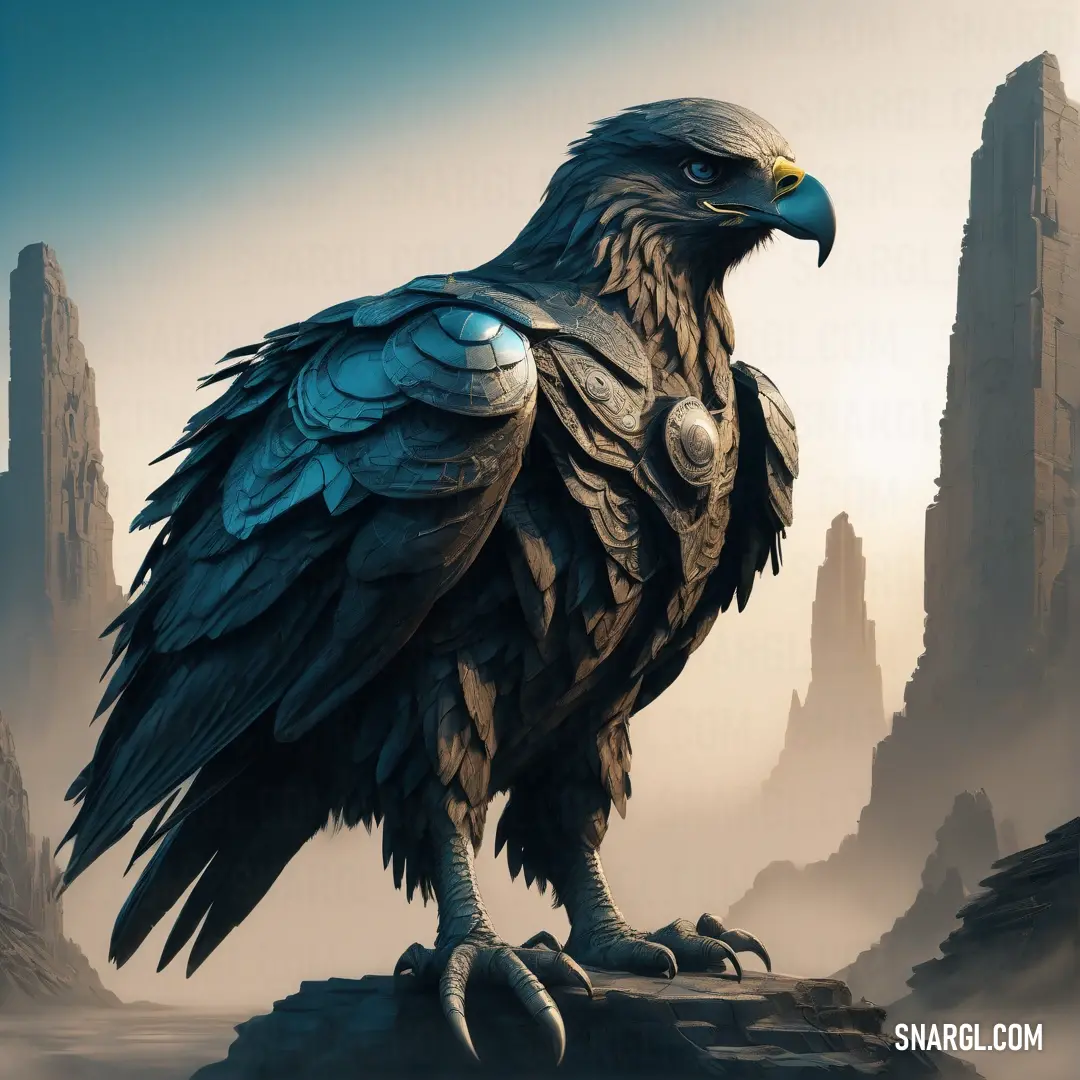 Roc with a blue body and black wings standing on a rock in front of a mountain range with a sky background