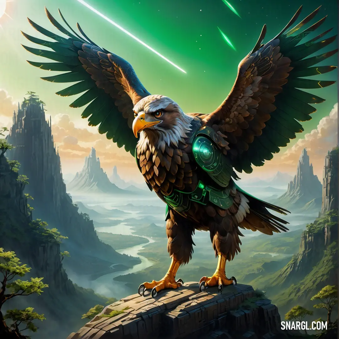 Roc with a green light on its wings is perched on a rock in front of a mountainous landscape