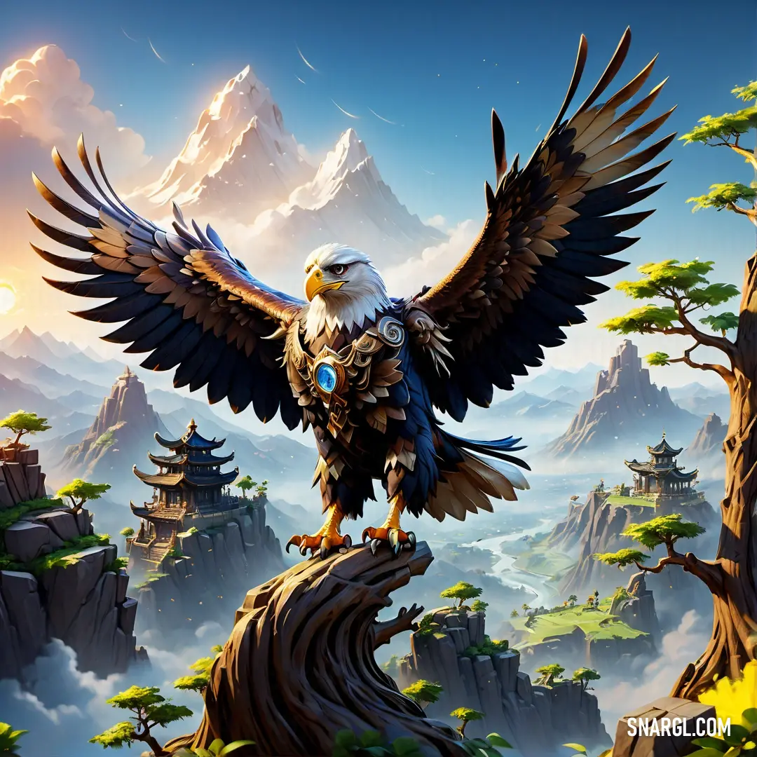 Roc with a large wing is perched on a tree branch in front of a mountain landscape with a sky background