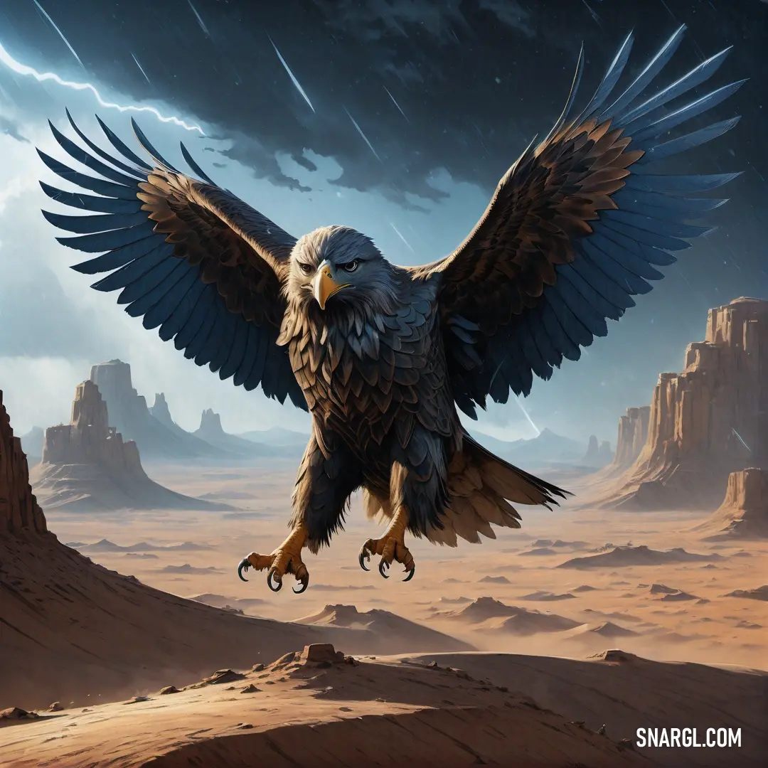 Roc with wings spread in the desert with a sky background