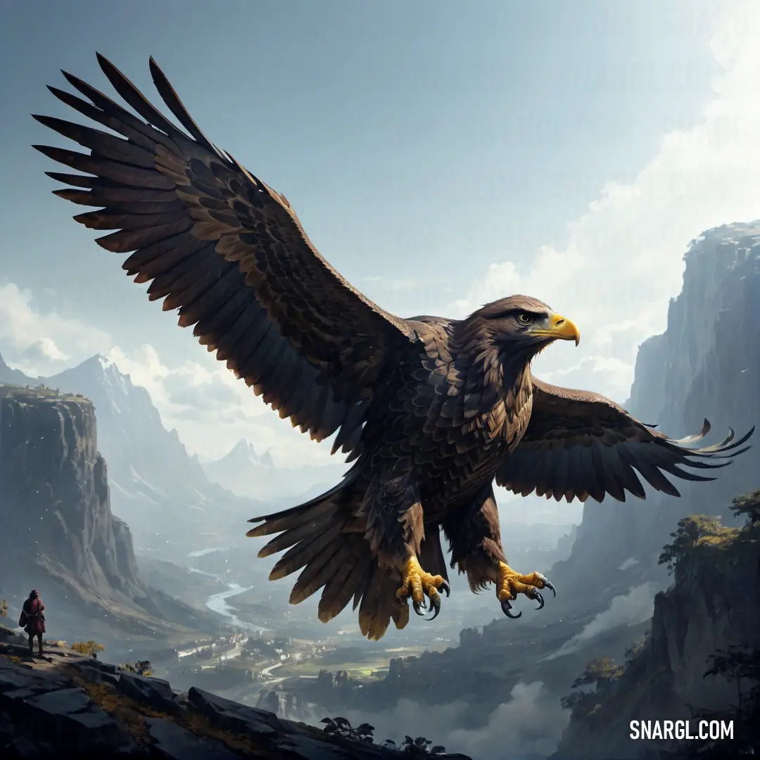 Large bird flying over a mountain side covered in clouds and fogs with a person standing on a cliff