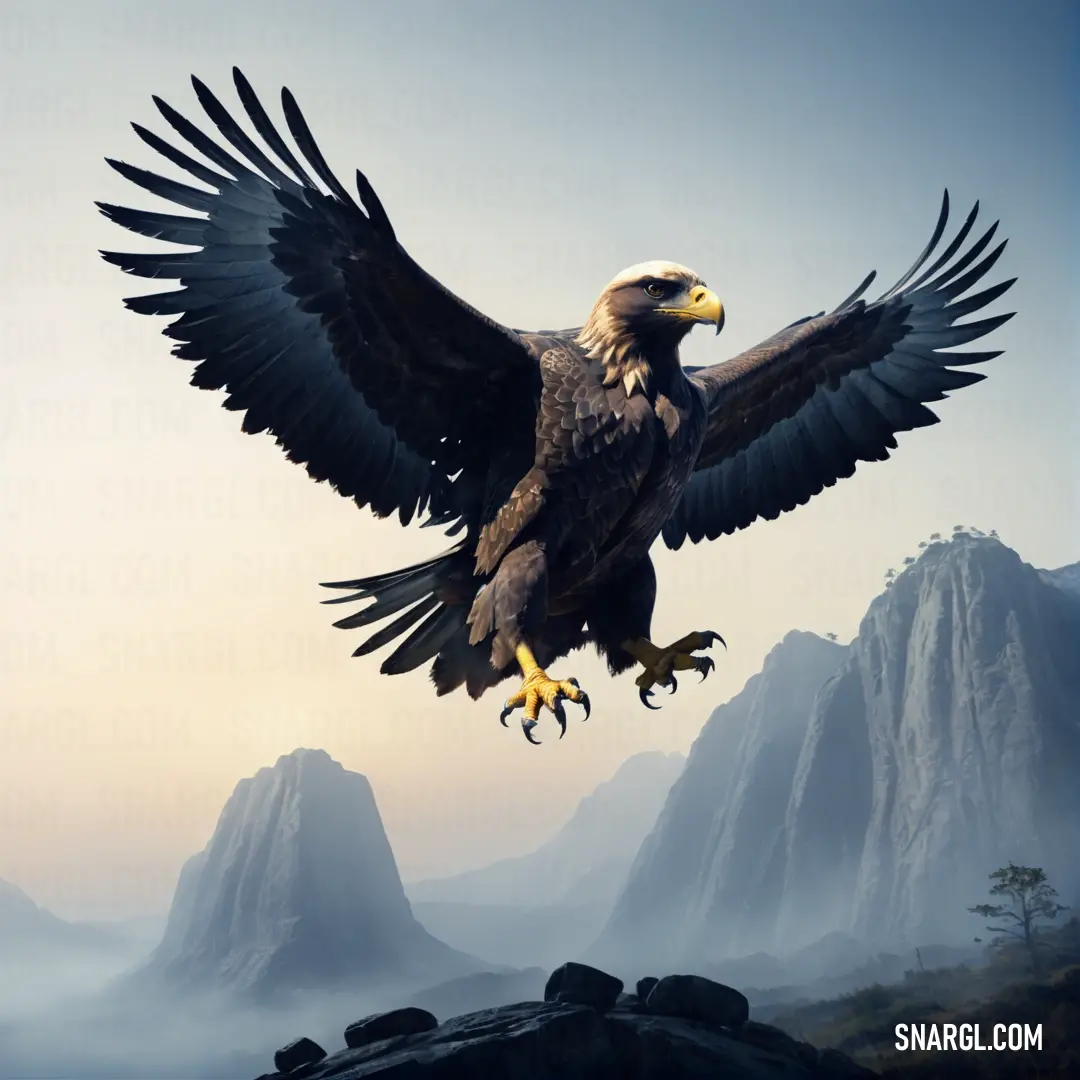Large bird with a large wingspan flying over a mountain range with a mountain range in the background and a foggy sky