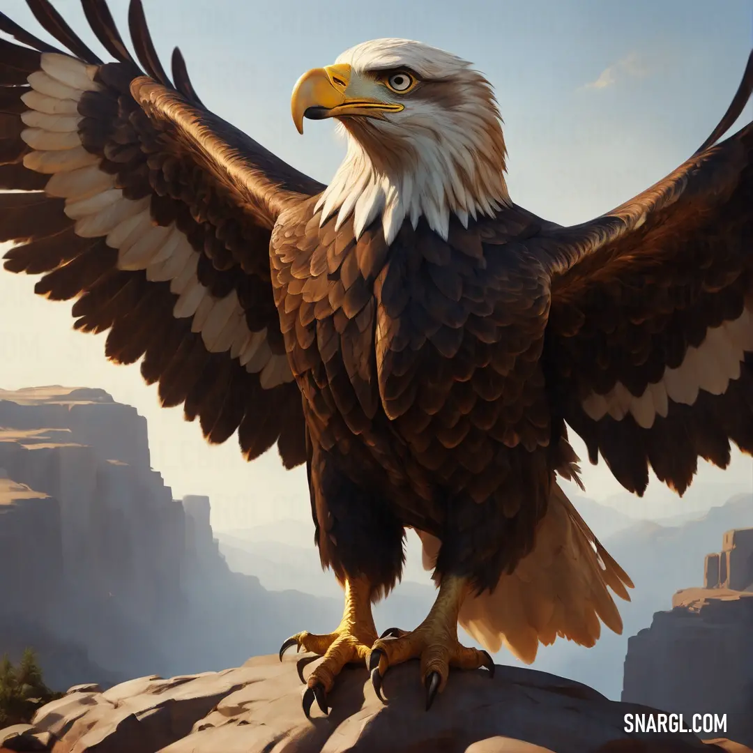 Large eagle standing on top of a rock next to a mountain range with a sky background