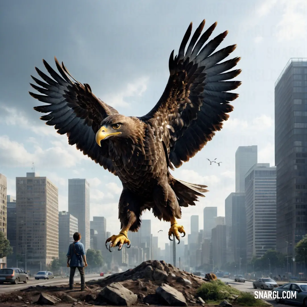 Roc standing next to a giant eagle statue in a city setting with a sky background