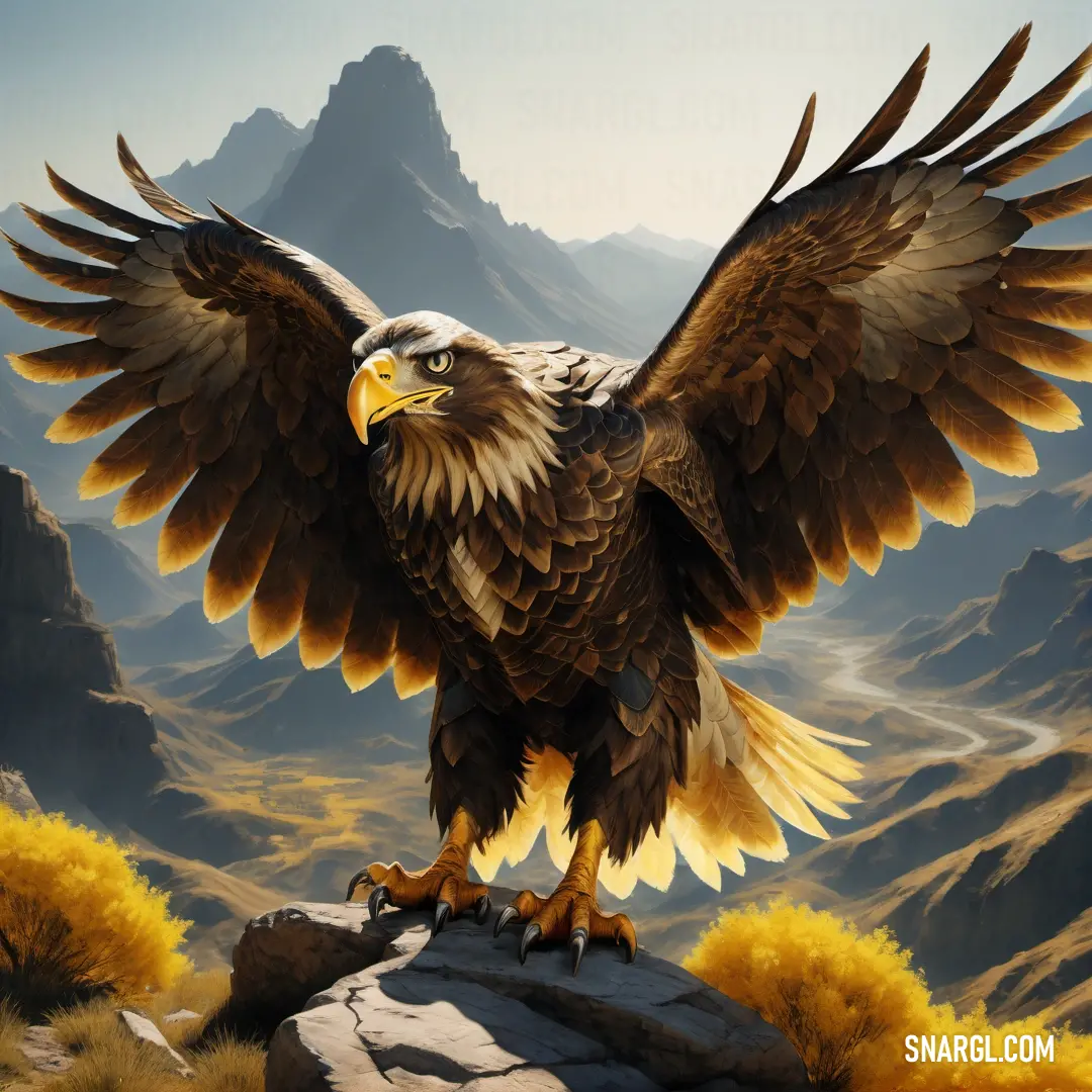 Painting of a bald eagle on a mountain top with mountains in the background