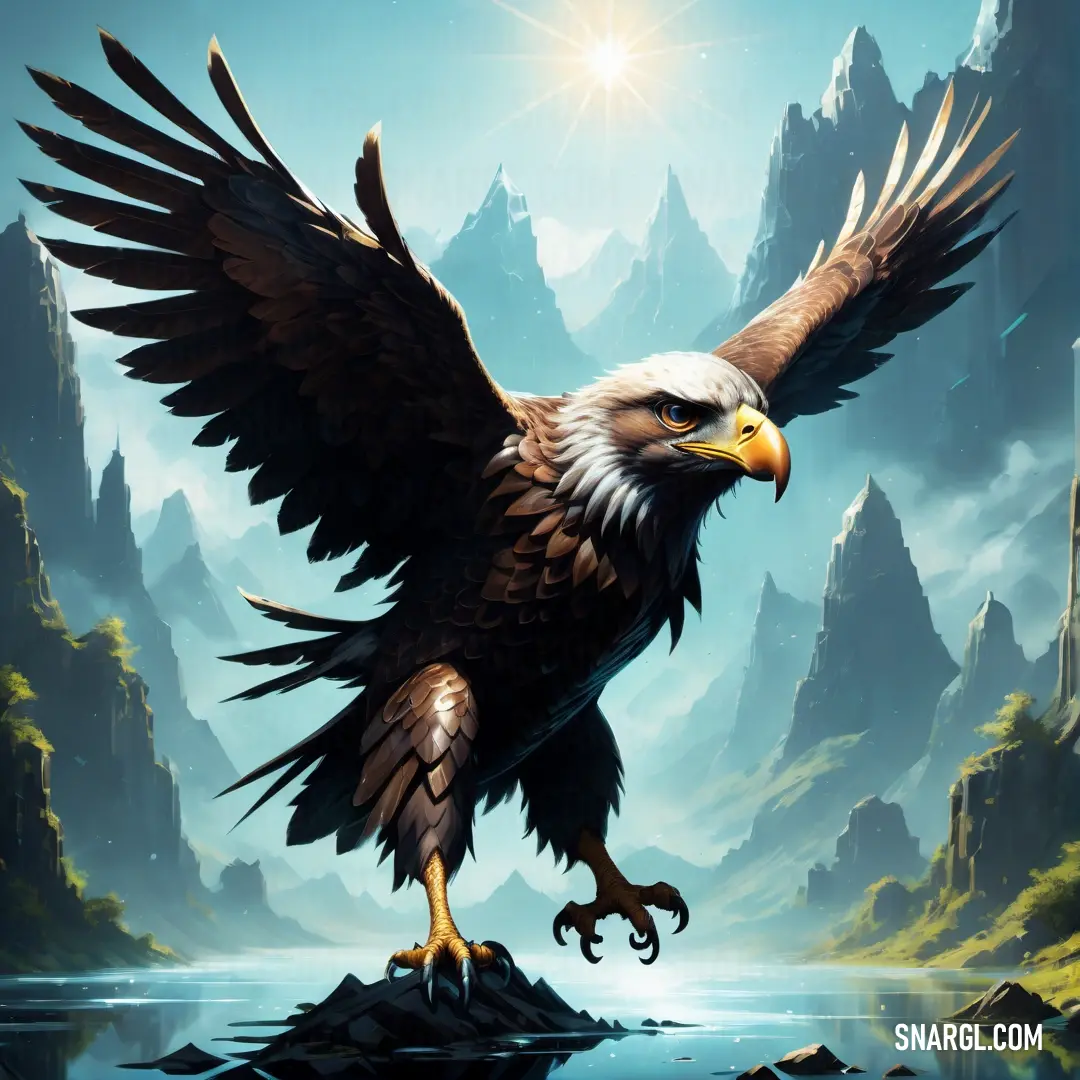 Painting of a bald eagle on a mountain lake with mountains in the background