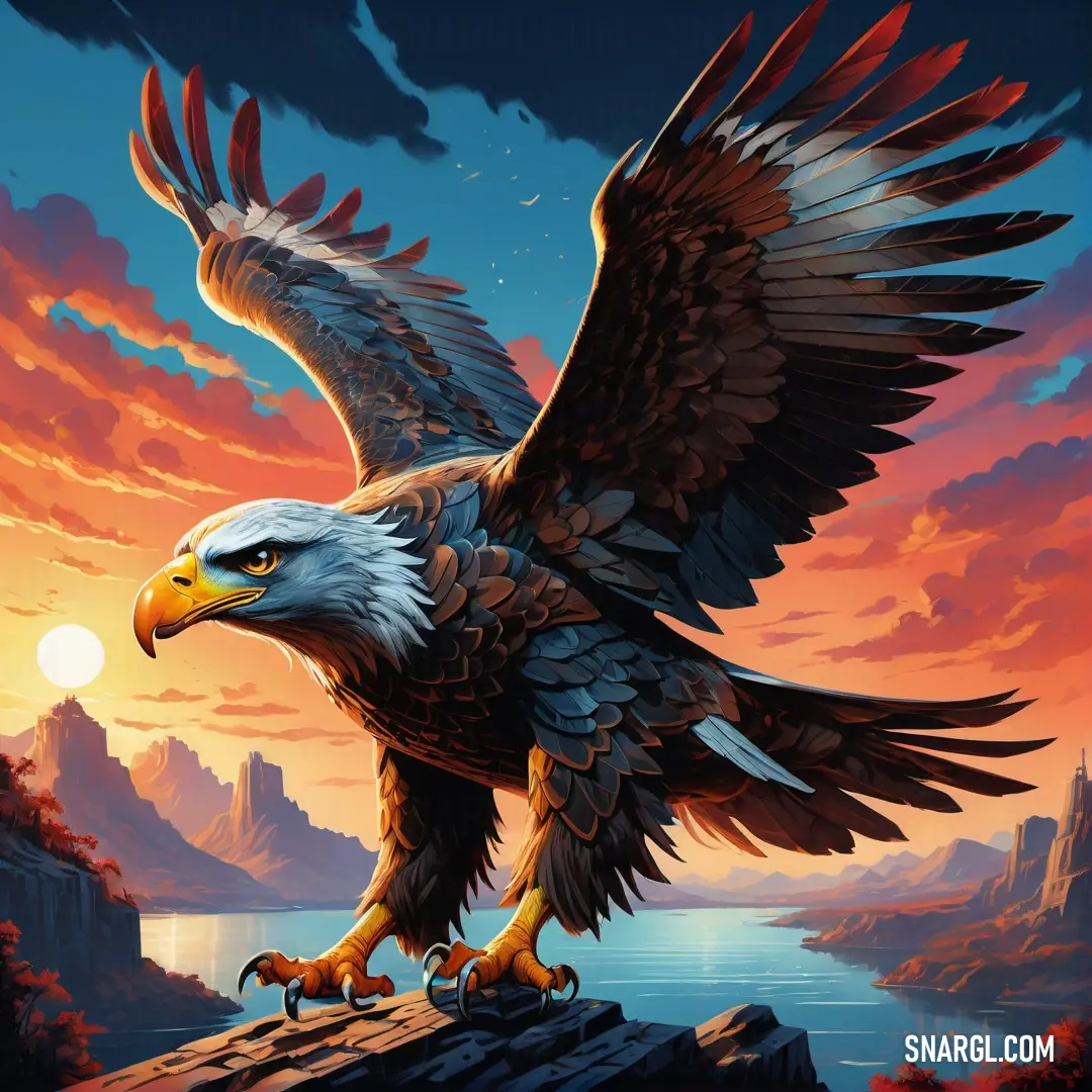 Painting of a bald eagle on a cliff with a sunset in the background