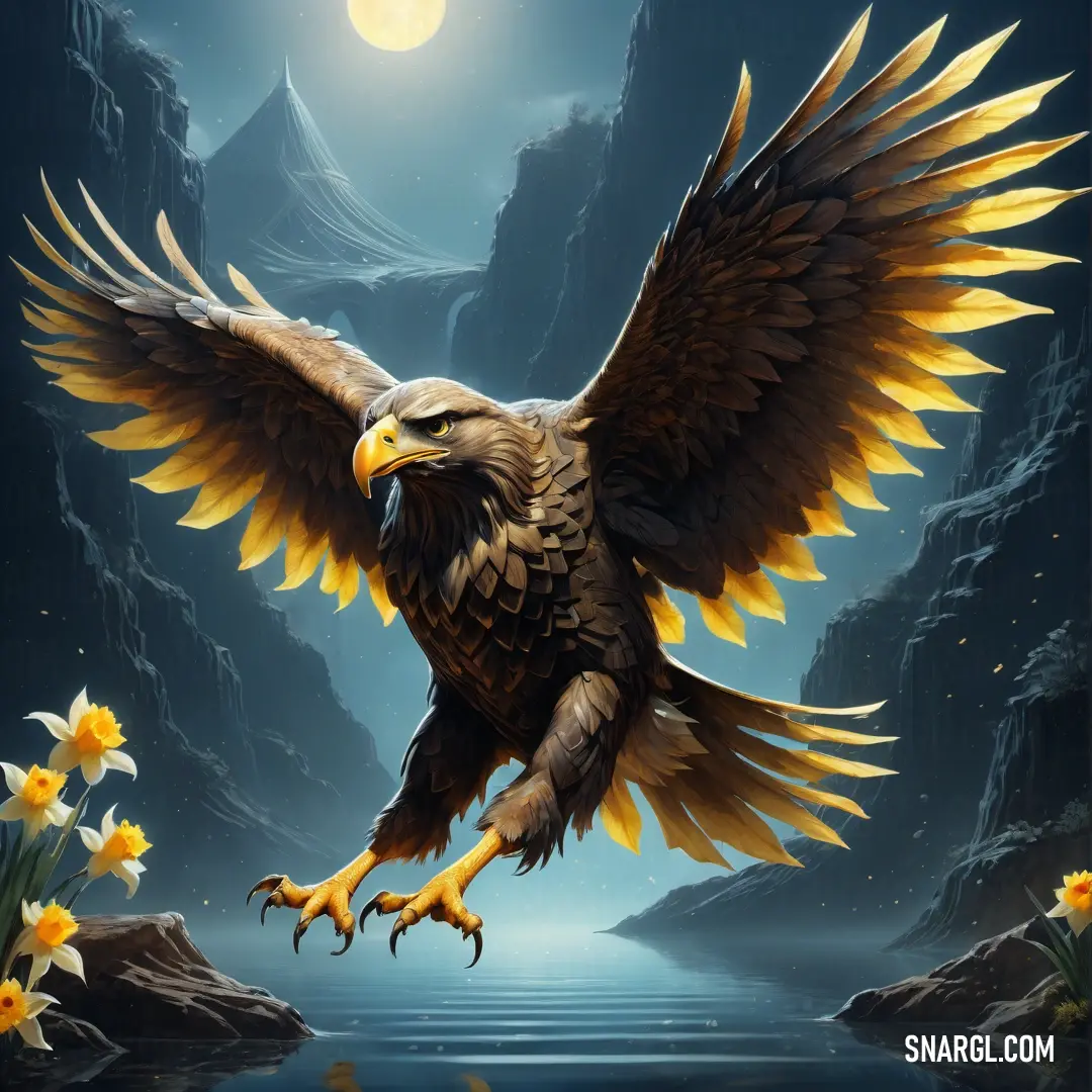 Painting of a Roc with wings spread out and a full moon in the background with a mountain and water below