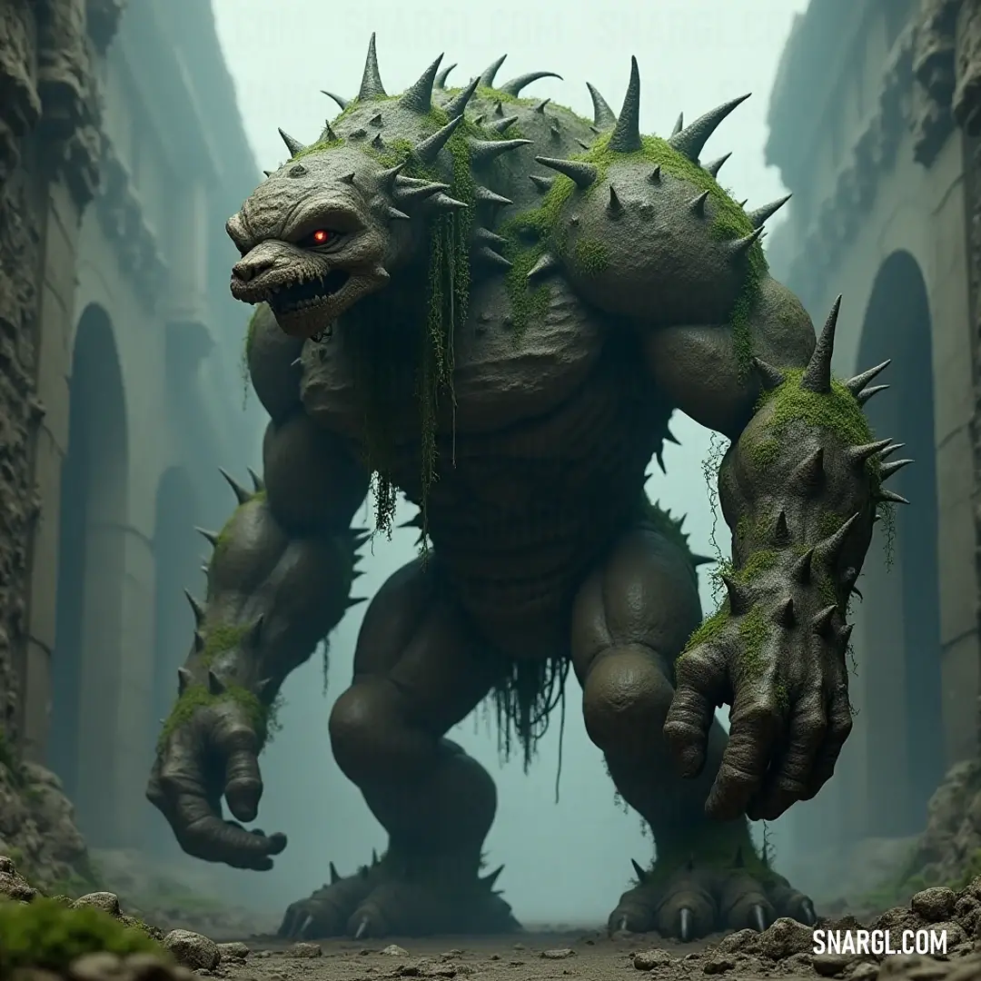 The imposing Giant Rock Golem advances through a carved stone tunnel, its formidable spiked exterior hinting at both danger and fascination, embodying the essence of animated earth within an enchanting landscape. The Giant Rock Golem, featuring an array of deadly spikes adorning its head, strides boldly through a fantastical tunnel, exuding both raw strength and an undeniable sense of purpose in a mesmerizing stony realm.