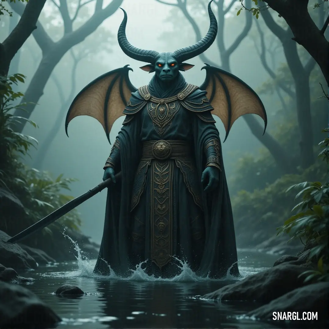 A Rock Sentinel in the forest, holding a sword, stands guard by a peaceful pond, surrounded by nature’s quiet power. A mystical painting depicts a Rock Sentinel wielding a sword, standing resolutely in a forest near a tranquil pool of water. The scene is serene yet powerful, with natural beauty and stone strength combining.