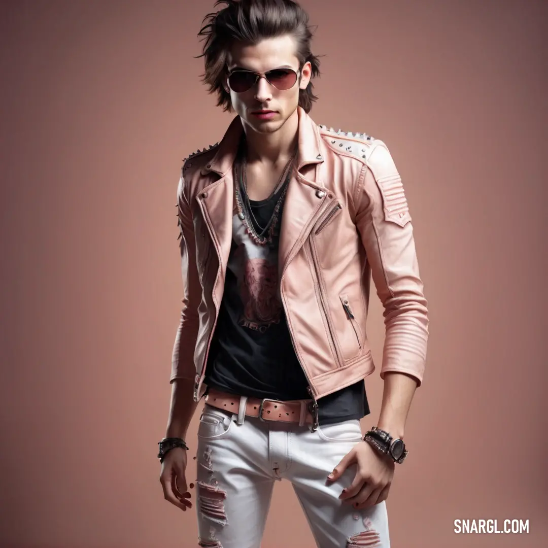 Man in a leather jacket and sunglasses posing for a picture with a pink background