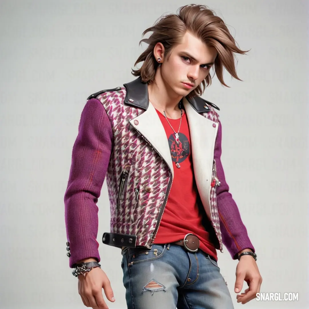 Man with a jacket and jeans on posing for a picture in a studio setting with a white background