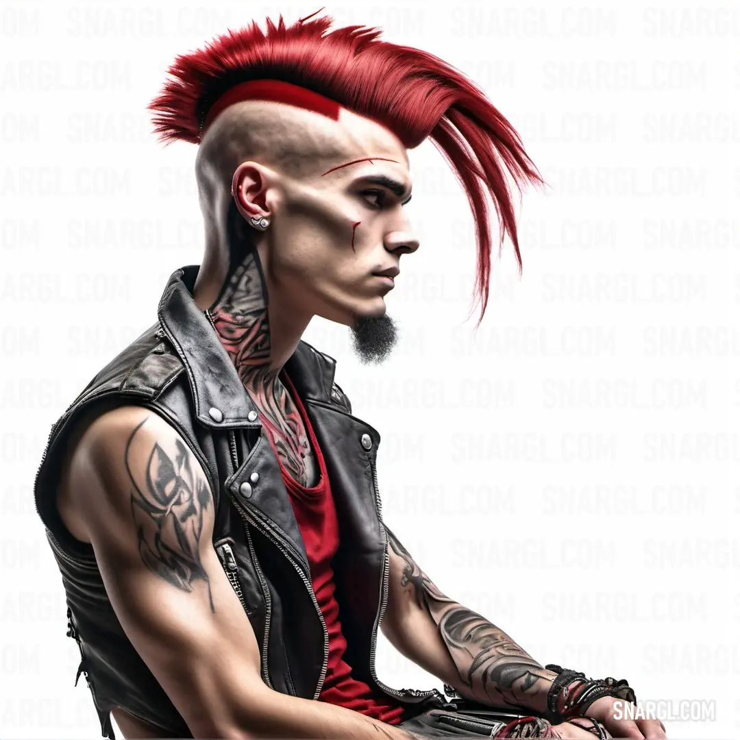 Man with a mohawk and tattoos on his head down with a gun in his hand