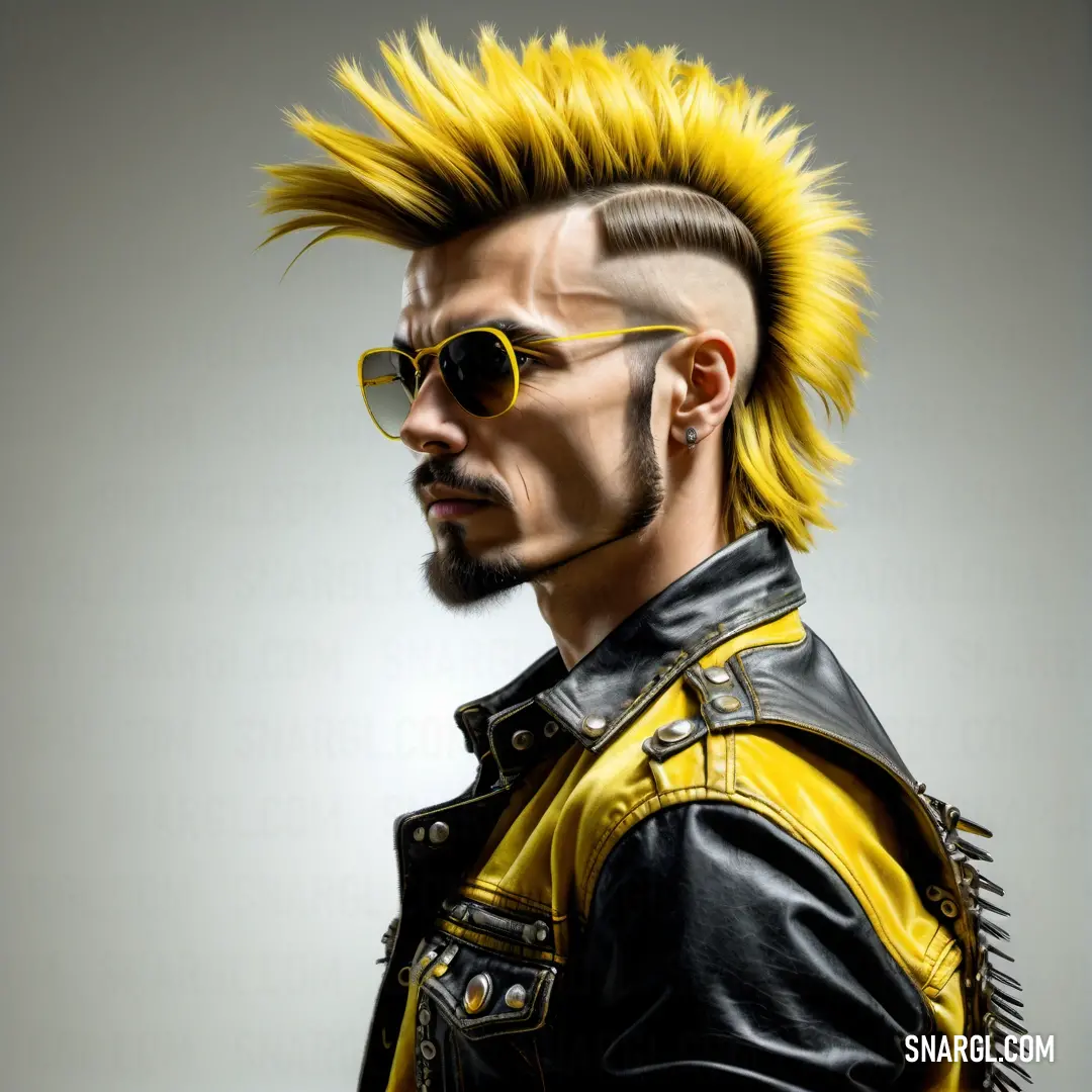 Man with a mohawk and sunglasses on his head wearing a leather jacket and yellow hair