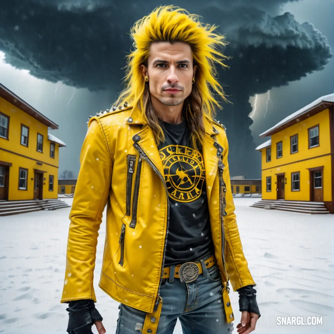 Man with a yellow jacket and a black shirt and a yellow jacket and a black and white photo