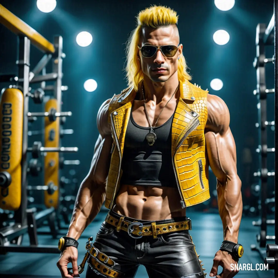 Man with a yellow jacket and sunglasses in a gym area with a barbell