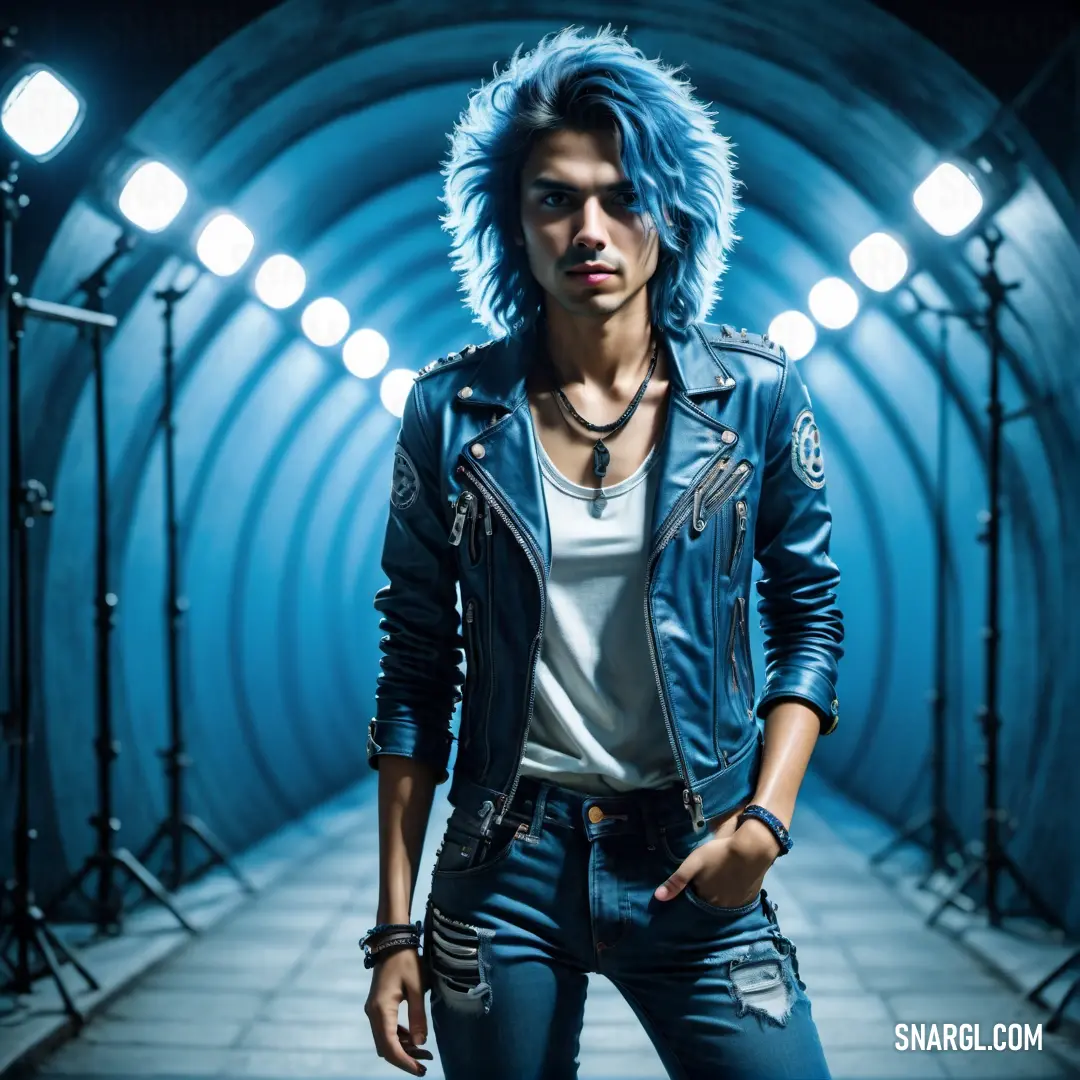 Man with blue hair and a leather jacket on posing for a picture in a tunnel of lights with his hands in his pockets