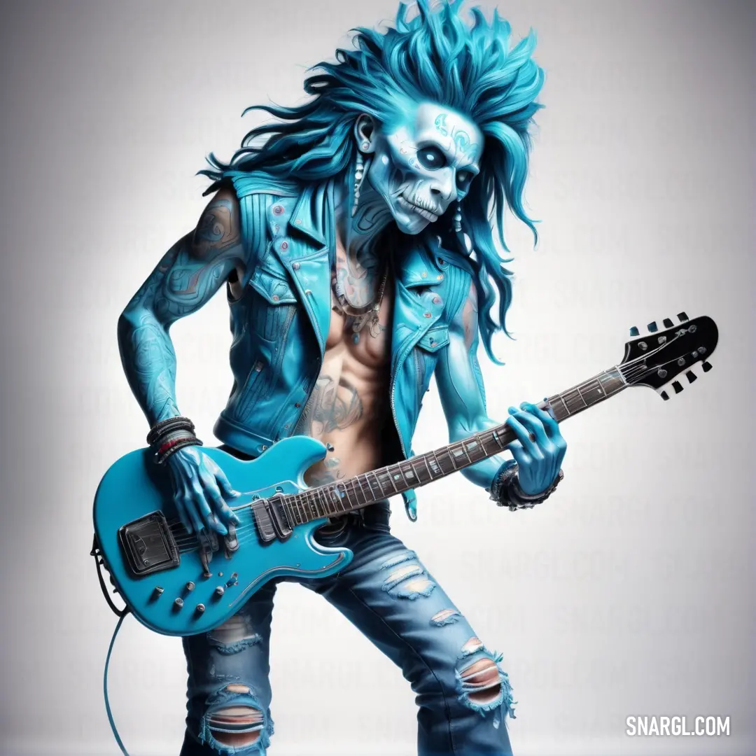 Man with blue hair and makeup playing a guitar with a blue outfit on