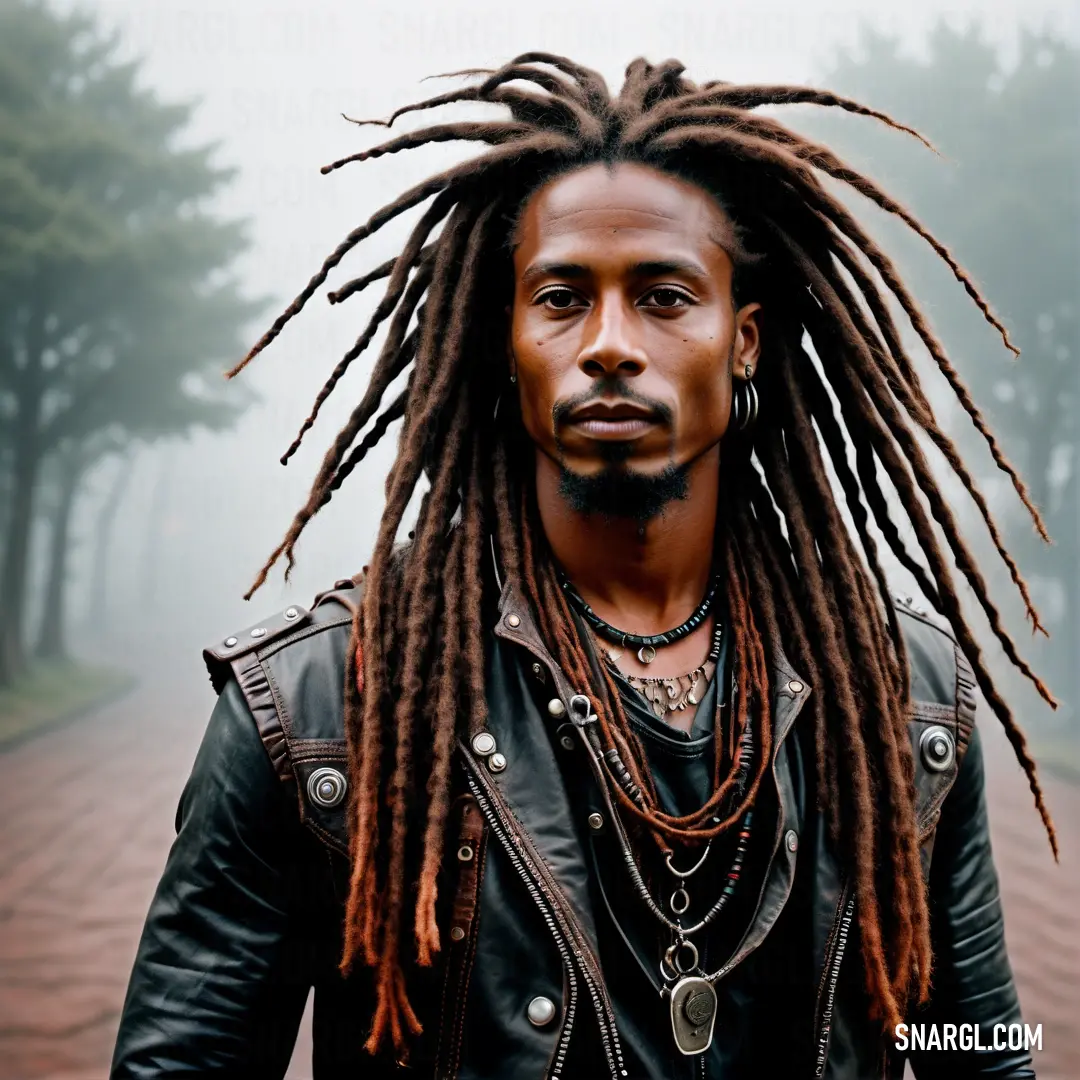 Man with dreadlocks standing on a brick road in the foggy day with trees in the background