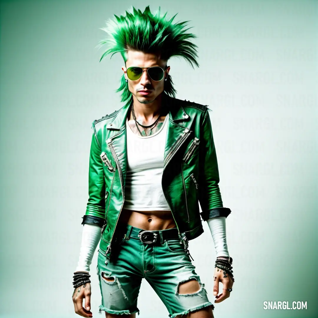 Man with green hair and sunglasses on his head and wearing ripped shorts and a leather jacket with a white shirt