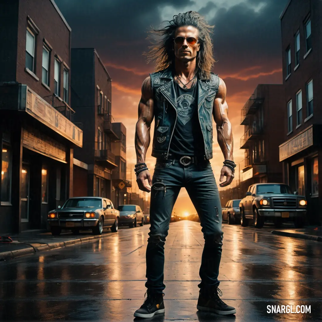 Man with long hair and sunglasses standing in the middle of a street with cars parked on the side of the road