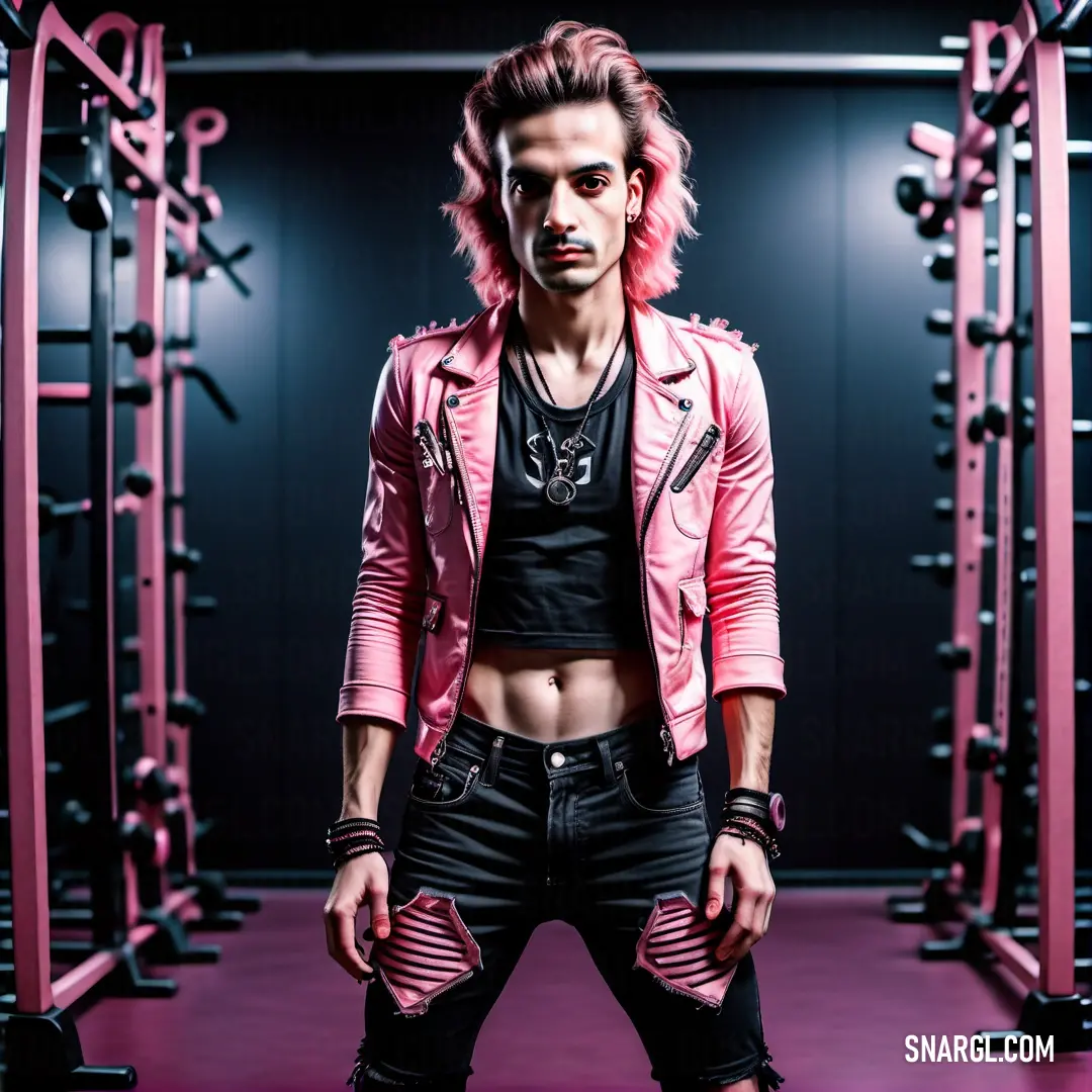 Man with pink hair and a leather jacket standing in a gym area with pink bars and equipment behind him