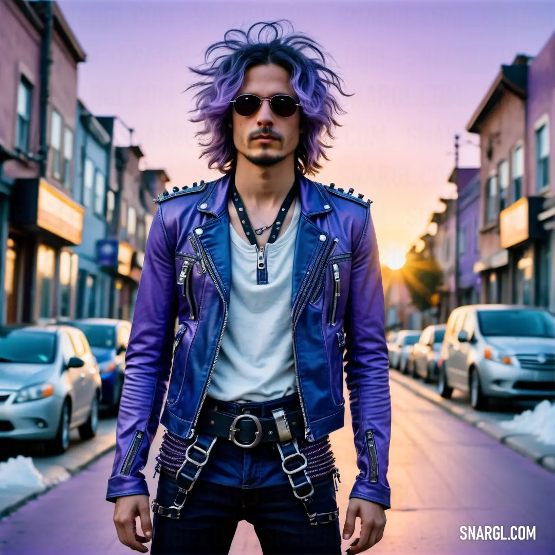 Man with purple hair and sunglasses standing on a street corner in front of parked cars and buildings