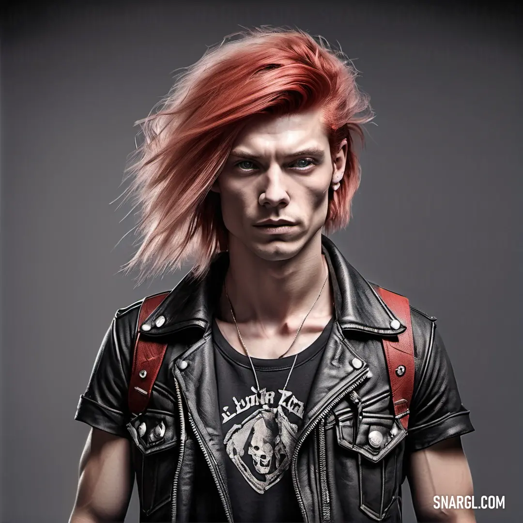 Man with red hair and leather jacket on posing for a picture with a skull on his chest