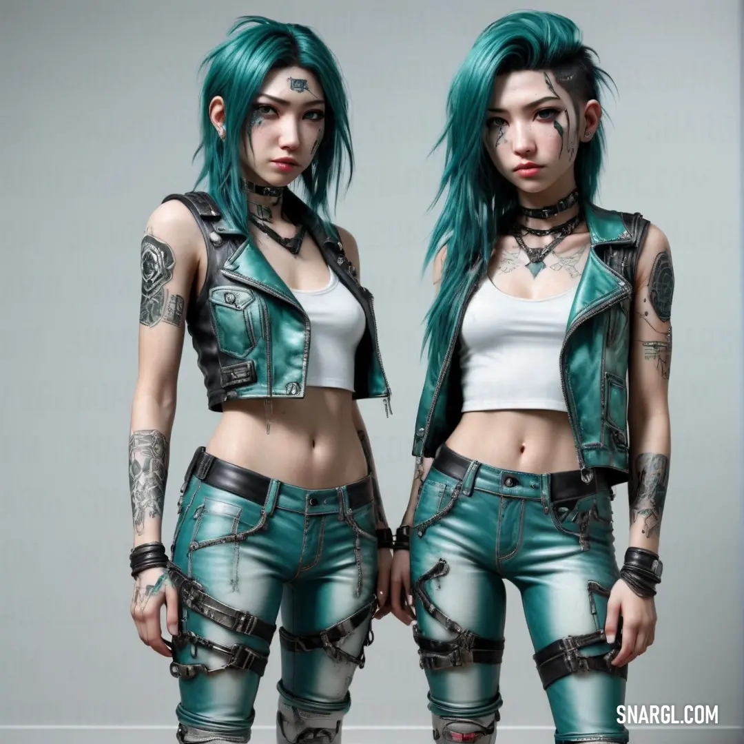 Two women with green hair and tattoos standing next to each other in a studio photo with a gray background