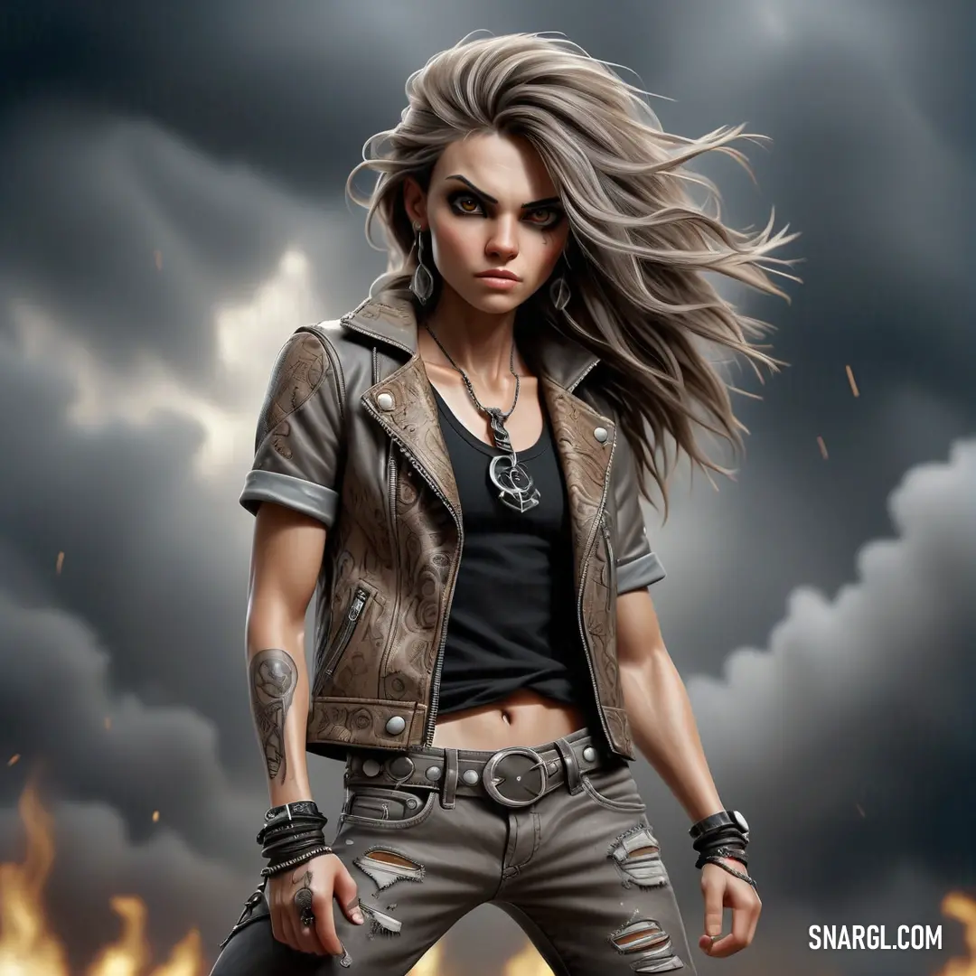 Woman in a leather jacket and jeans holding a gun in front of a dark sky with clouds and lightning