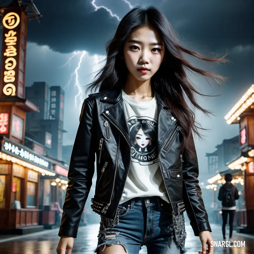 Woman in a leather jacket is walking down the street with a lightning in the background