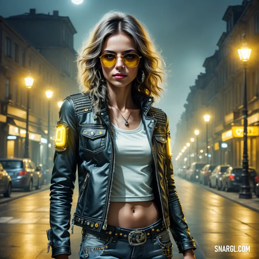 Woman in a leather jacket and sunglasses walking down a street at night