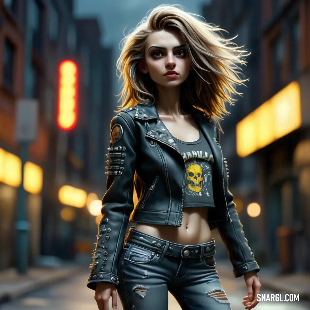 Woman in a leather jacket and jeans is walking down the street at night with a neon sign in the background