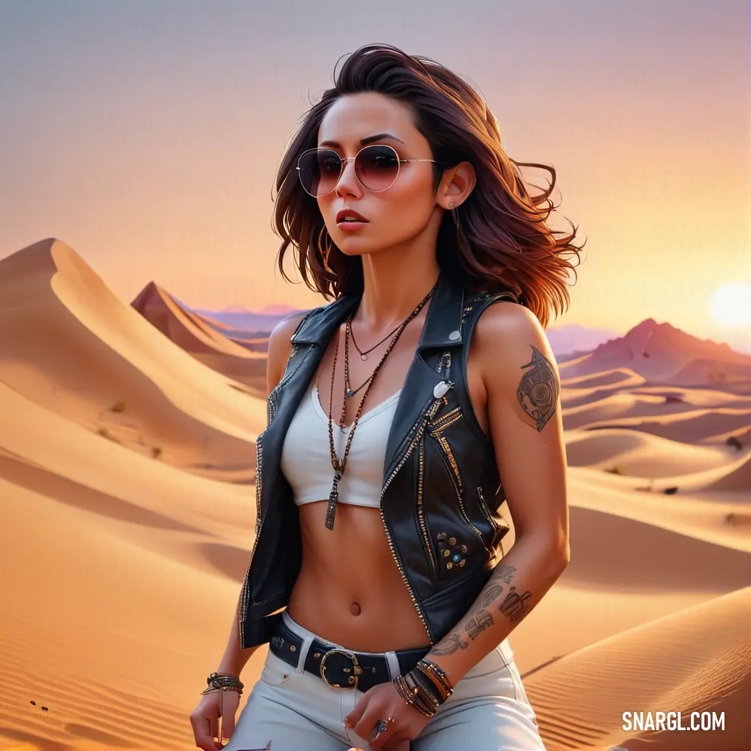 Woman in a leather jacket and sunglasses standing in the desert