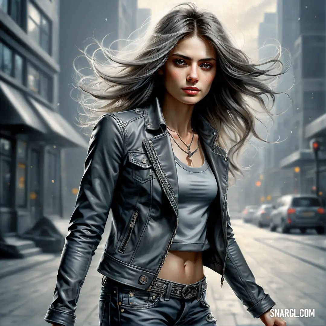 Woman in a leather jacket walking down a street with a city in the background