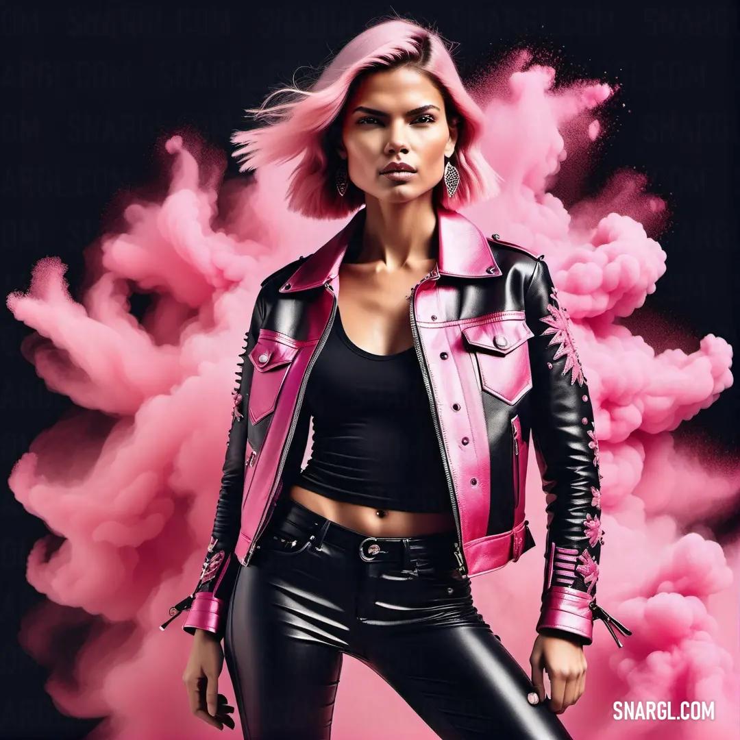 Woman in a pink jacket and black pants standing in front of pink smoke and smoke cloud background