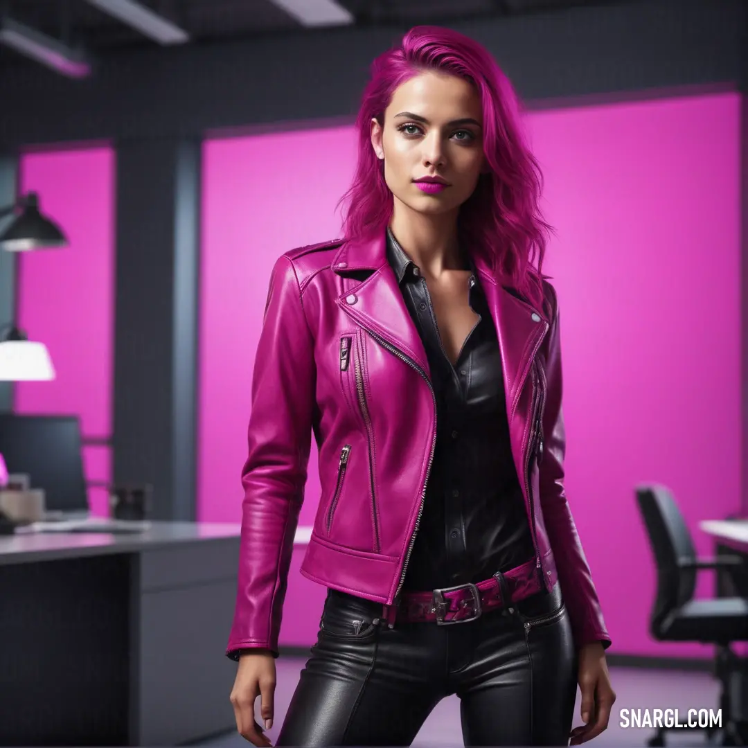Woman in a pink leather jacket standing in an office setting with a pink wall behind her and a black desk