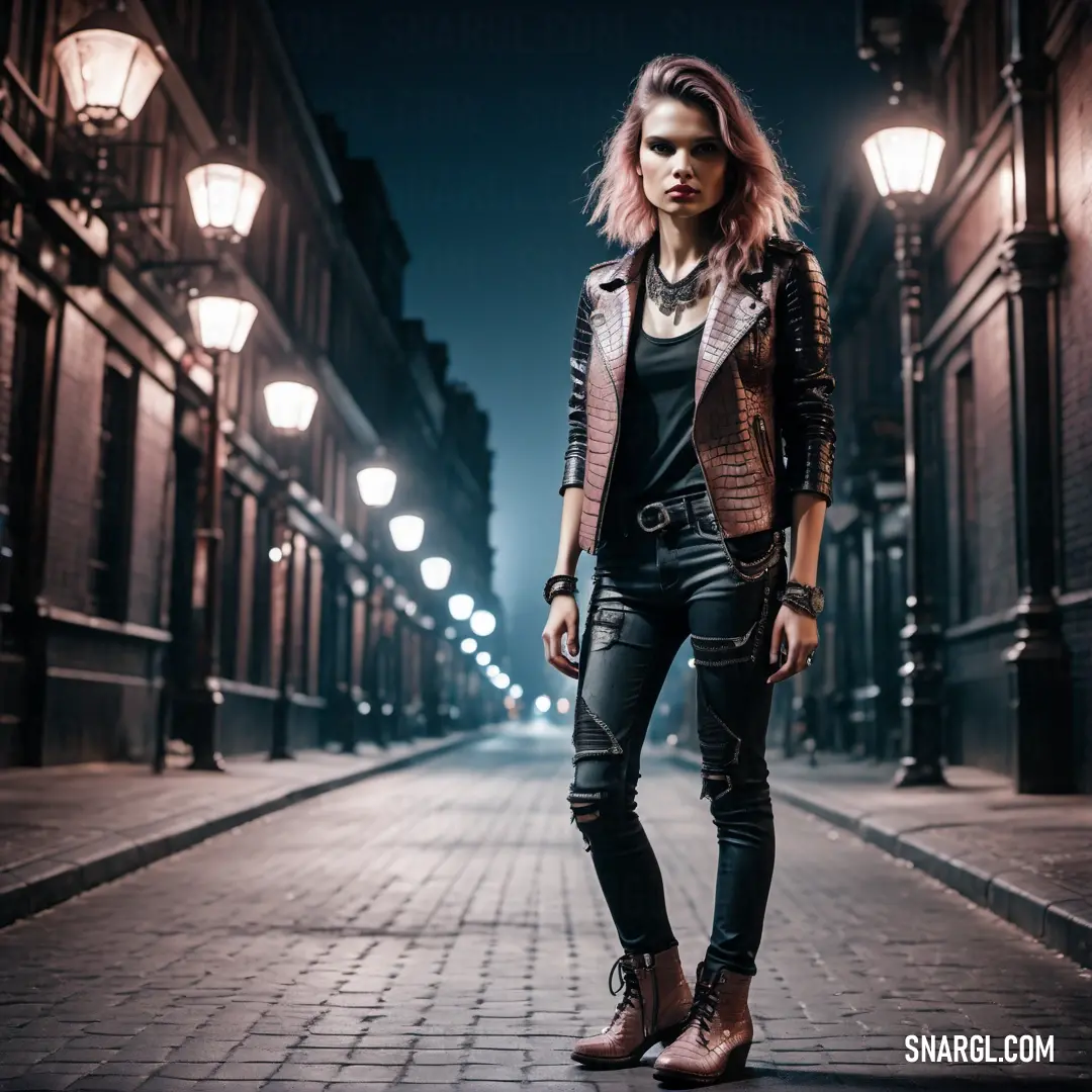 Woman standing on a brick street at night with a leather jacket on and a black shirt on