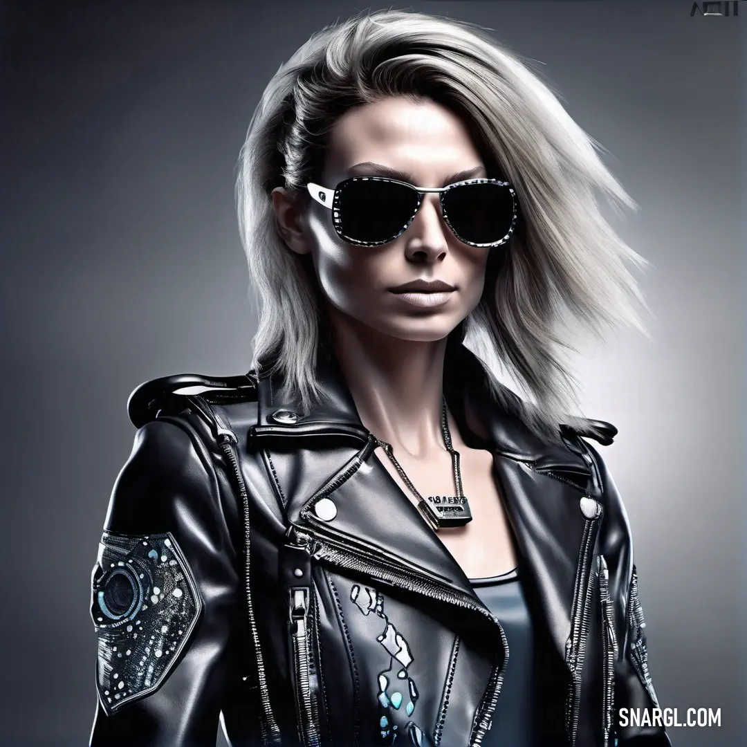 Woman wearing sunglasses and a leather jacket with a motorcycle jacket on her shoulders