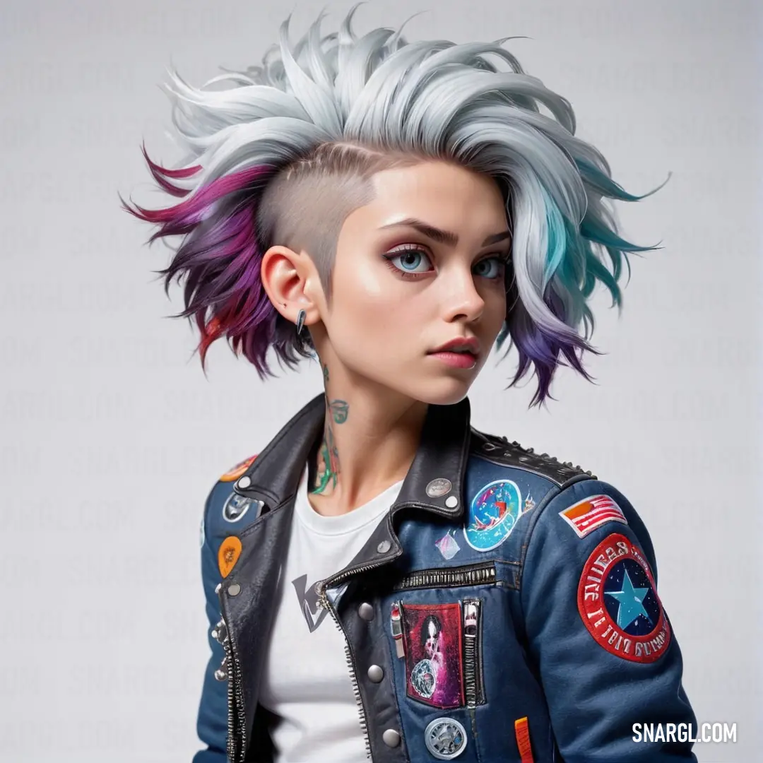 Woman with a mohawk and tattoos on her head wearing a jacket and jeans jacket with patches on it