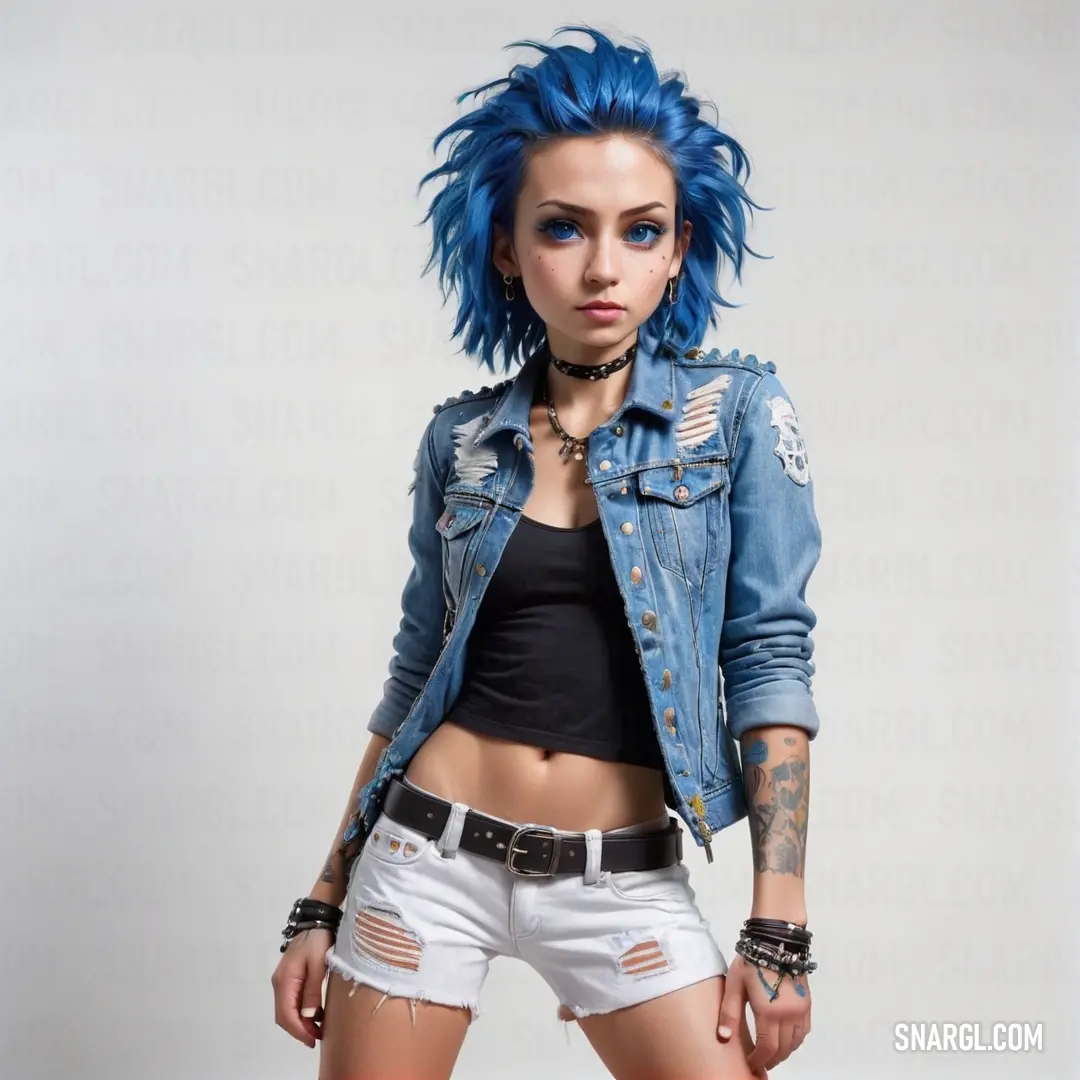 Woman with blue hair and piercings posing for a picture in a denim jacket and white shorts with a black top