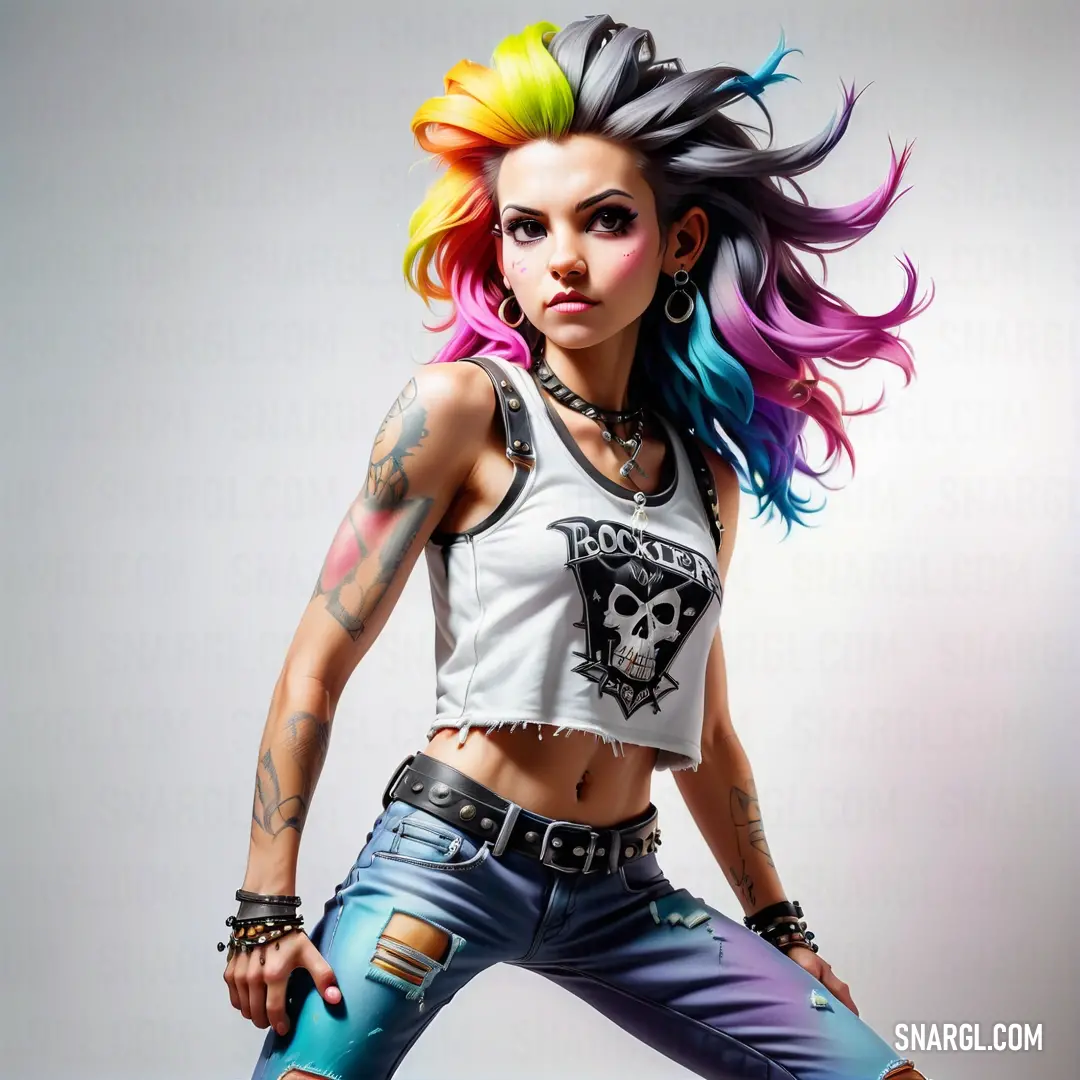 Woman with colorful hair and tattoos on her body and a white shirt with a skull on it