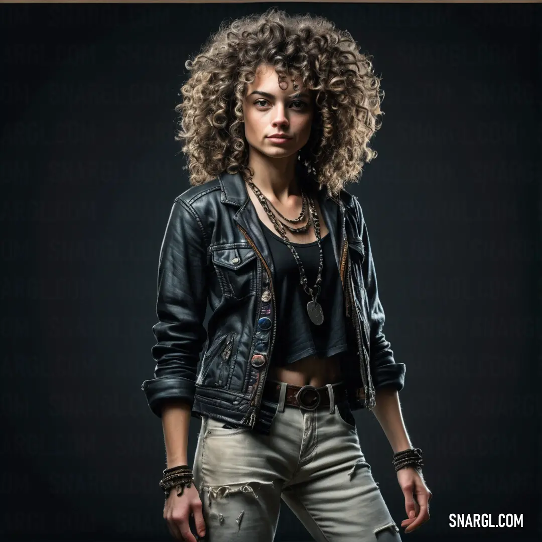 Woman with curly hair wearing a black jacket and jeans and a necklace on her neck