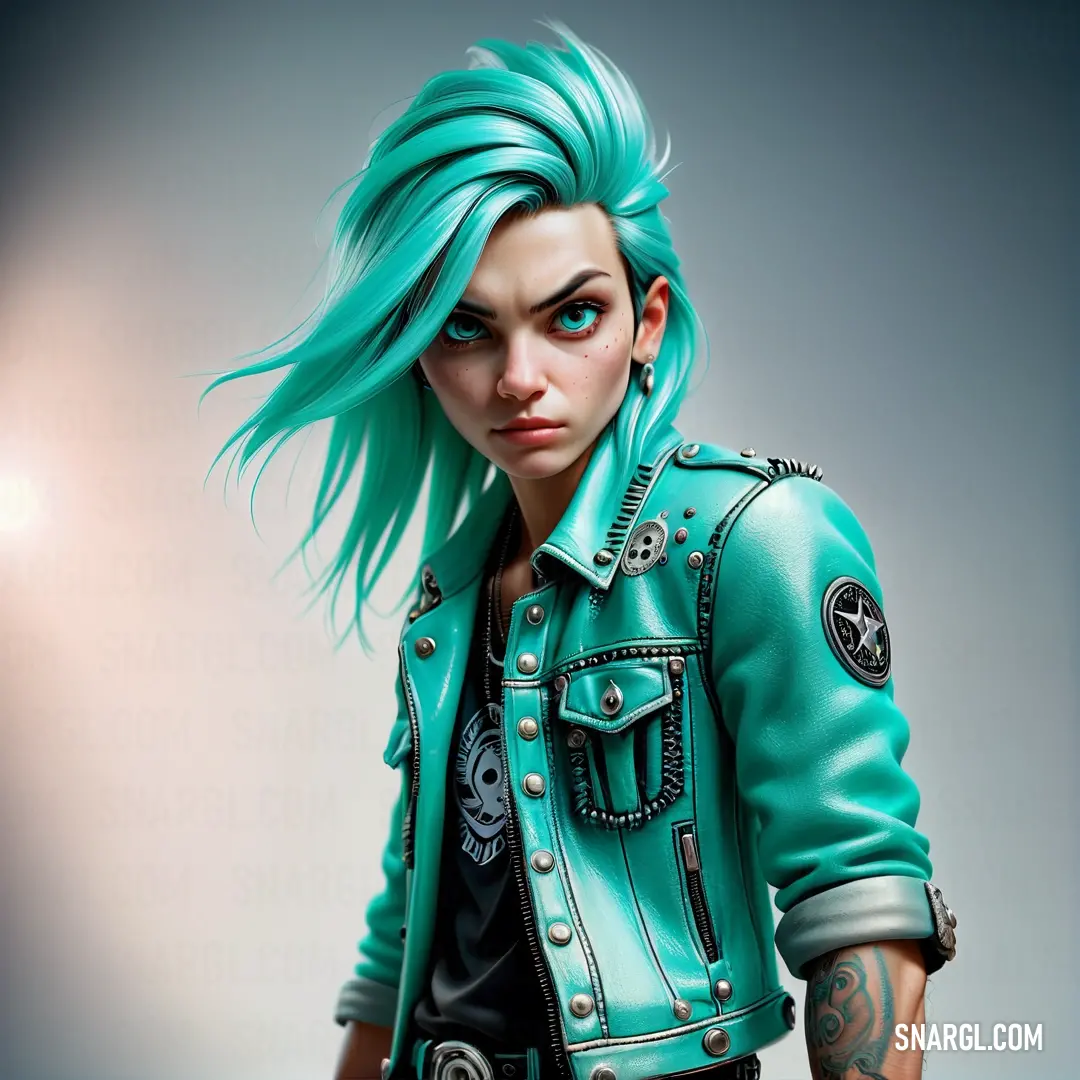 Woman with green hair and piercings wearing a green jacket and black shirt and jeans