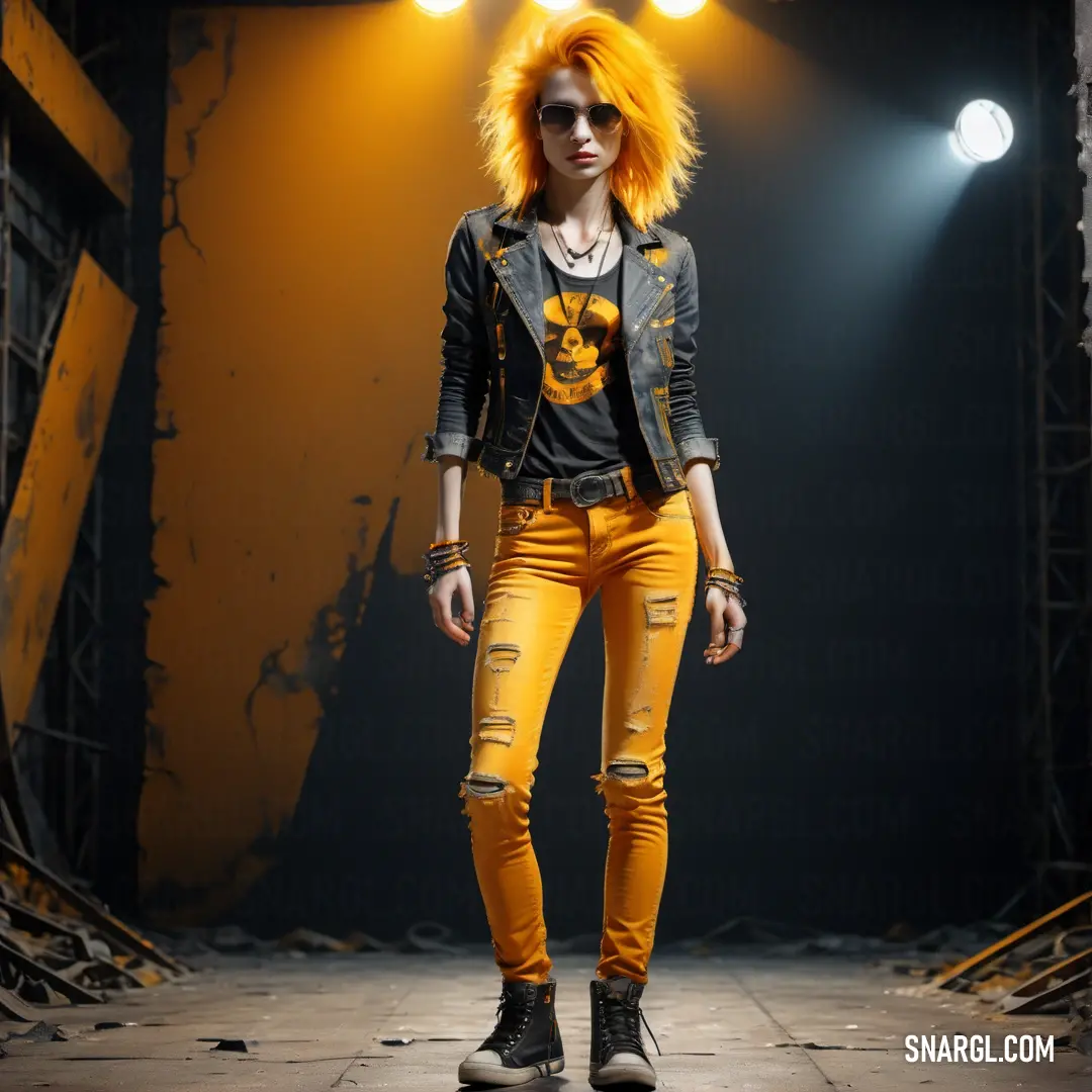 Woman with orange hair and a black shirt and jeans on a runway with lights behind her