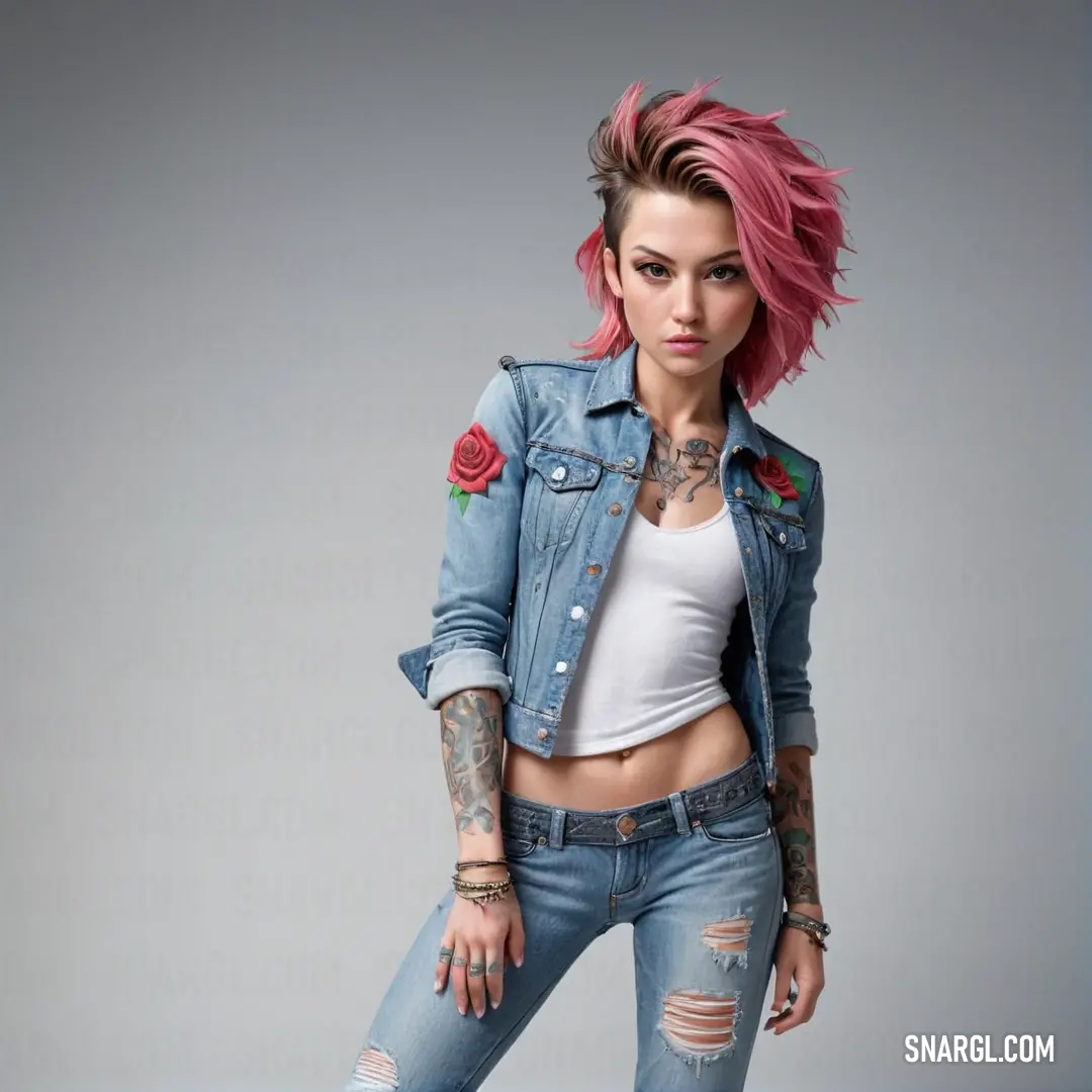 Woman with pink hair and tattoos posing for a picture in jeans and a white top with roses on her chest