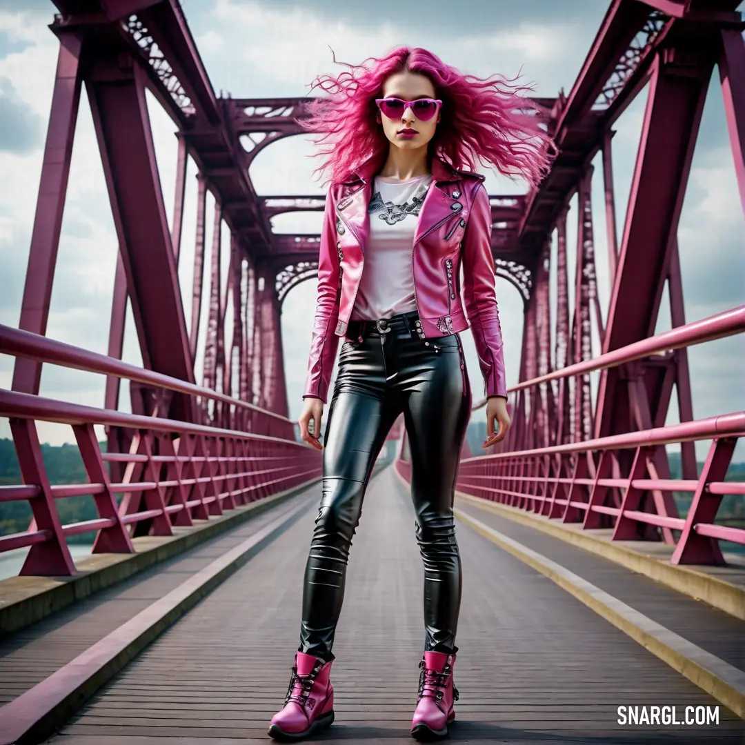 Woman with pink hair and sunglasses standing on a bridge