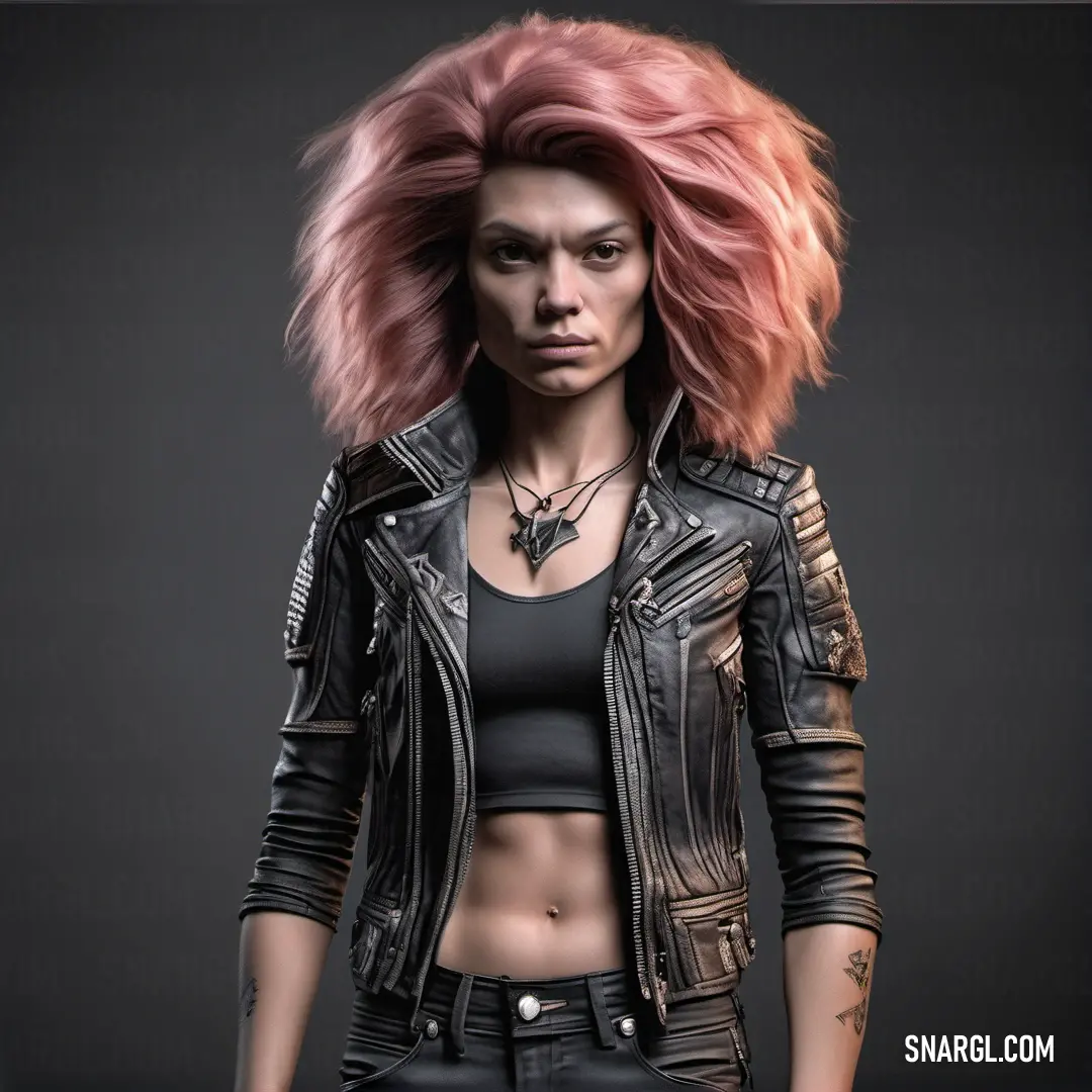 Woman with pink hair and leather jacket on a dark background